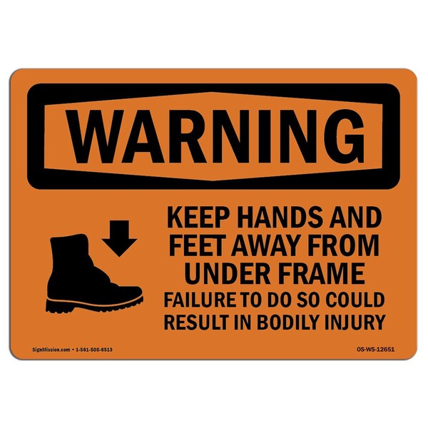 OSHA Sign, Keep Hands Feet Away Failure Bodily Injury, 10in X 7in Alum, 7" W, 10" L, Landscape